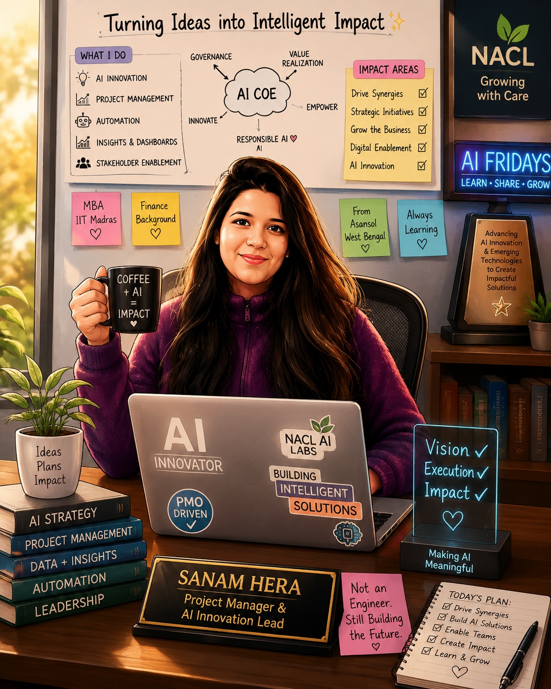 Sanam Hera at her desk with a coffee mug
